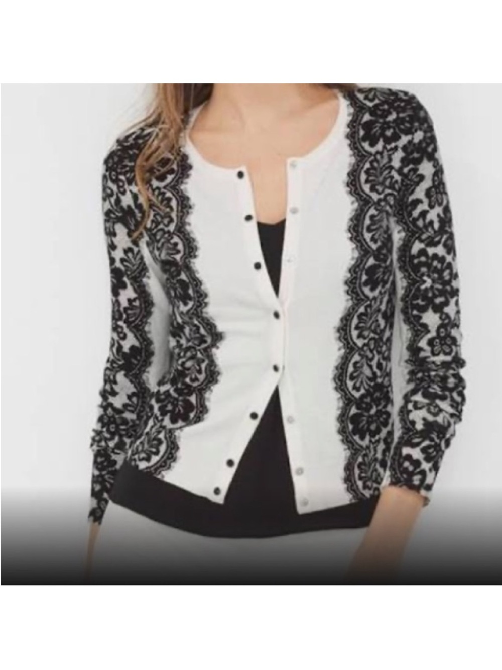 White House Black Market- White and Black Lace-Detail Cardigan Sweater size L